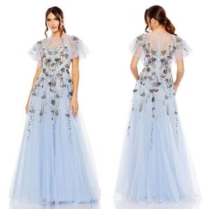 NWT Mac Duggal 20436 Embellished Multi Color Flutter Sleeve A-Line Dress Size 16